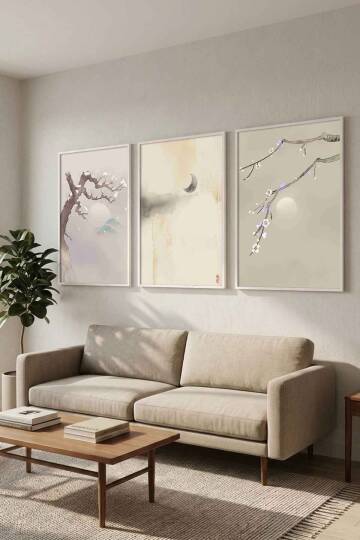 Zen Japon Sanatı Sakura ve Doğa Temalı Çerçeveli 3'lü Tablo Seti Salon ve Ofis Dekorasyonu - 9