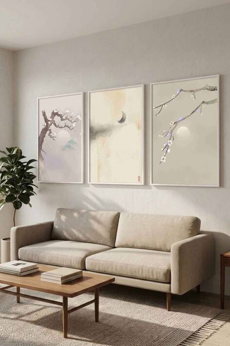 Zen Japon Sanatı Sakura ve Doğa Temalı Çerçeveli 3'lü Tablo Seti Salon ve Ofis Dekorasyonu - 9