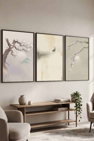 Zen Japon Sanatı Sakura ve Doğa Temalı Çerçeveli 3'lü Tablo Seti Salon ve Ofis Dekorasyonu Siyah
