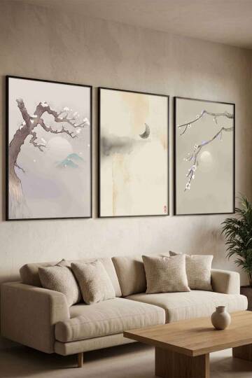 Zen Japon Sanatı Sakura ve Doğa Temalı Çerçeveli 3'lü Tablo Seti Salon ve Ofis Dekorasyonu - 5