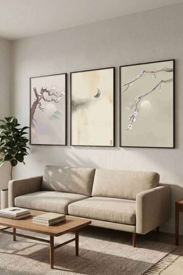Zen Japon Sanatı Sakura ve Doğa Temalı Çerçeveli 3'lü Tablo Seti Salon ve Ofis Dekorasyonu - 6