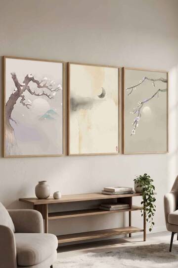 Zen Japon Sanatı Sakura ve Doğa Temalı Çerçeveli 3'lü Tablo Seti Salon ve Ofis Dekorasyonu - 2