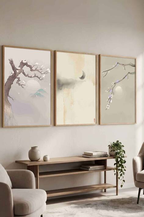 Zen Japon Sanatı Sakura ve Doğa Temalı Çerçeveli 3'lü Tablo Seti Salon ve Ofis Dekorasyonu - 2