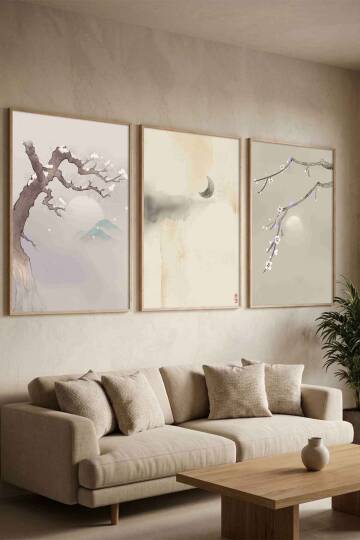 Zen Japon Sanatı Sakura ve Doğa Temalı Çerçeveli 3'lü Tablo Seti Salon ve Ofis Dekorasyonu