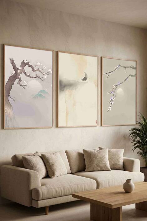 Zen Japon Sanatı Sakura ve Doğa Temalı Çerçeveli 3'lü Tablo Seti Salon ve Ofis Dekorasyonu - 1