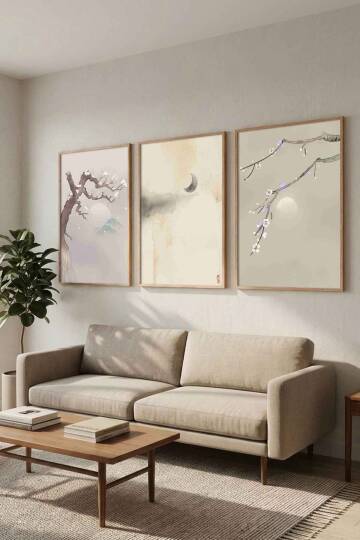 Zen Japon Sanatı Sakura ve Doğa Temalı Çerçeveli 3'lü Tablo Seti Salon ve Ofis Dekorasyonu - 3