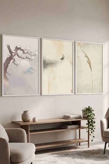 Zen Japon Sanatı Sakura ve Doğa Temalı Çerçeveli 3'lü Tablo Seti Salon ve Ofis Dekorasyonu Beyaz