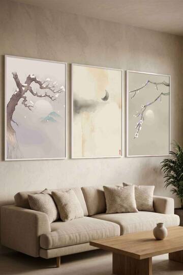 Zen Japon Sanatı Sakura ve Doğa Temalı Çerçeveli 3'lü Tablo Seti Salon ve Ofis Dekorasyonu - 8