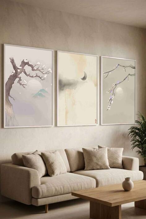 Zen Japon Sanatı Sakura ve Doğa Temalı Çerçeveli 3'lü Tablo Seti Salon ve Ofis Dekorasyonu - 8